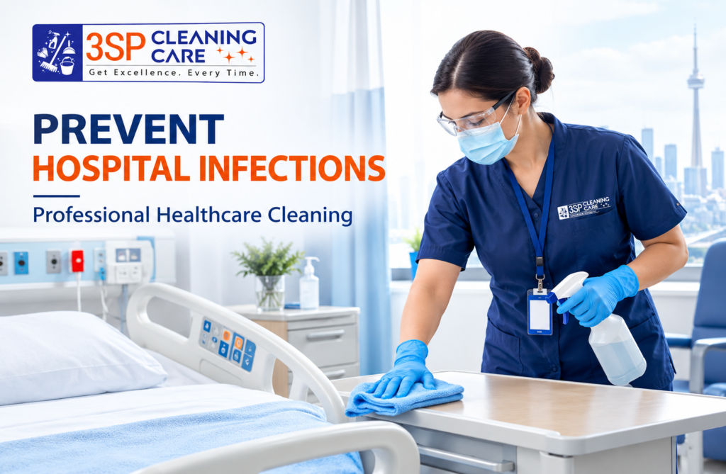 give me alt text 3SP Cleaning Care providing professional healthcare cleaning to help prevent hospital-acquired infections in Canadian hospitals.